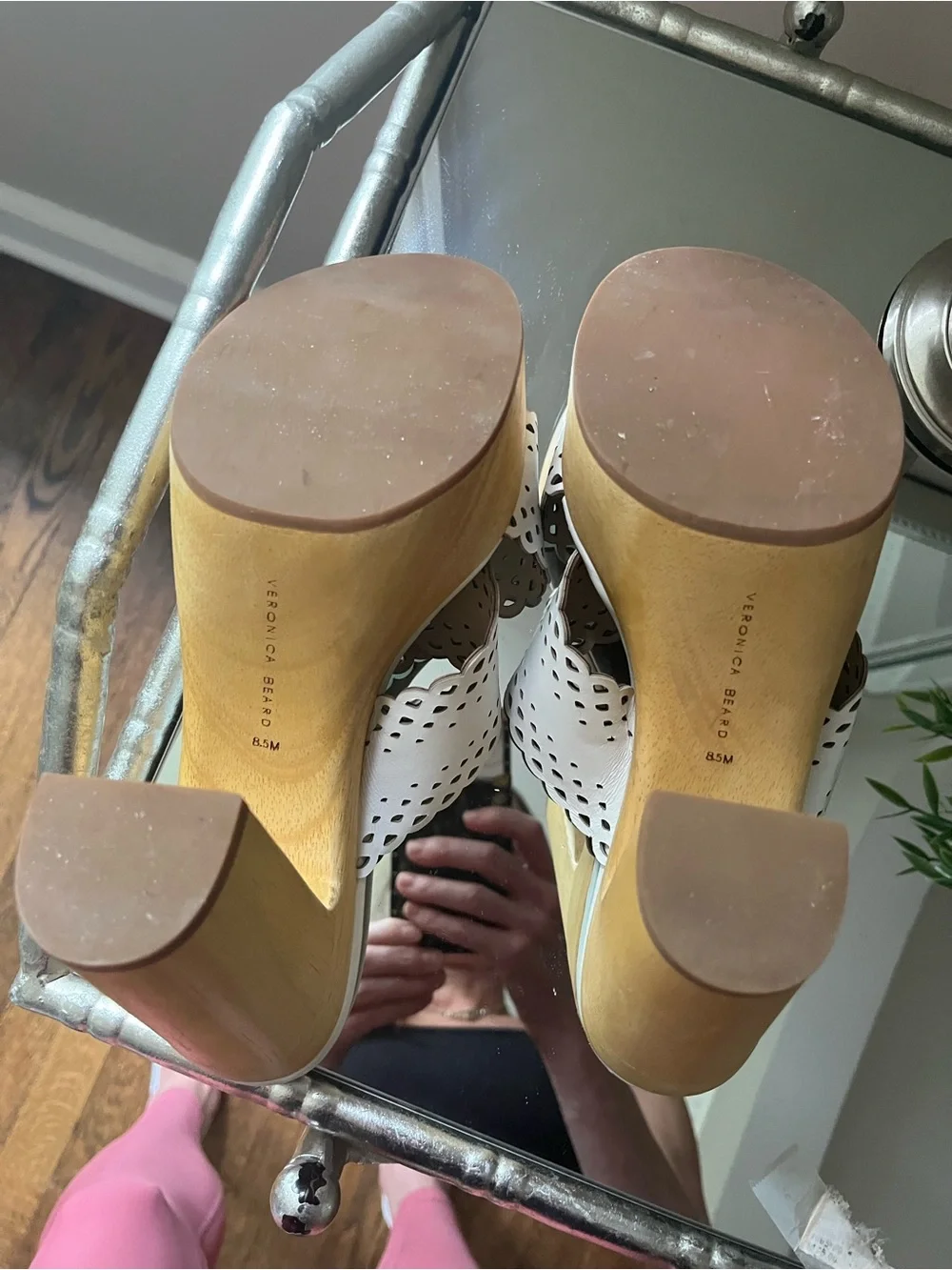 Veronica Beard Gaynor Wood White Laser-Cut Leather Platform Mules